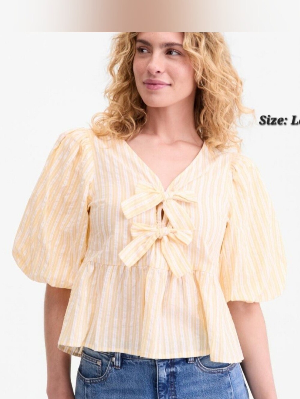 NWT On 34TH Women's Puffy Sleeves Tie-Front Peplum Blouse Boho Cotton Linen Sz L